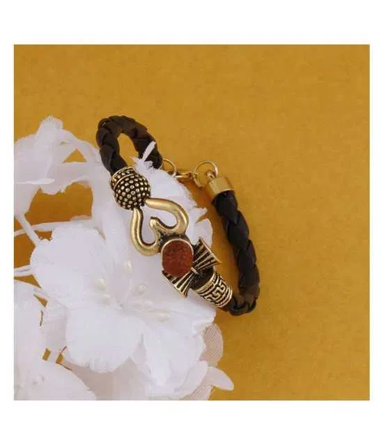 BHARDWAJ RETAILS Rudraksha OM Trishul Damroo Designer Oxidized Gold Bahubali Leather Kada Bracelet Unisex Bracelets for Men & Women (Assorted) (Pack of 1) (BR27)