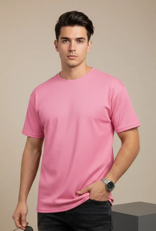 Polyester Round Neck T-shirt for Men, Pink (L)