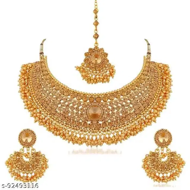 Alloy Necklace with Earrings & Maangtika for Women (Gold, Set of 1)