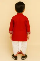 Cotton Printed Kurta with Dhoti for Boys, Red & White 