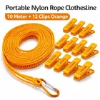 Portable Nylon Rope Clothesline 10 Meter + 12 Clips Orange