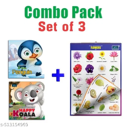 Children Spiral Educational Wall Chart with A wise penguin, happy Koala animals shaped board book For Kids (Set of 3) 36 x 50 cm