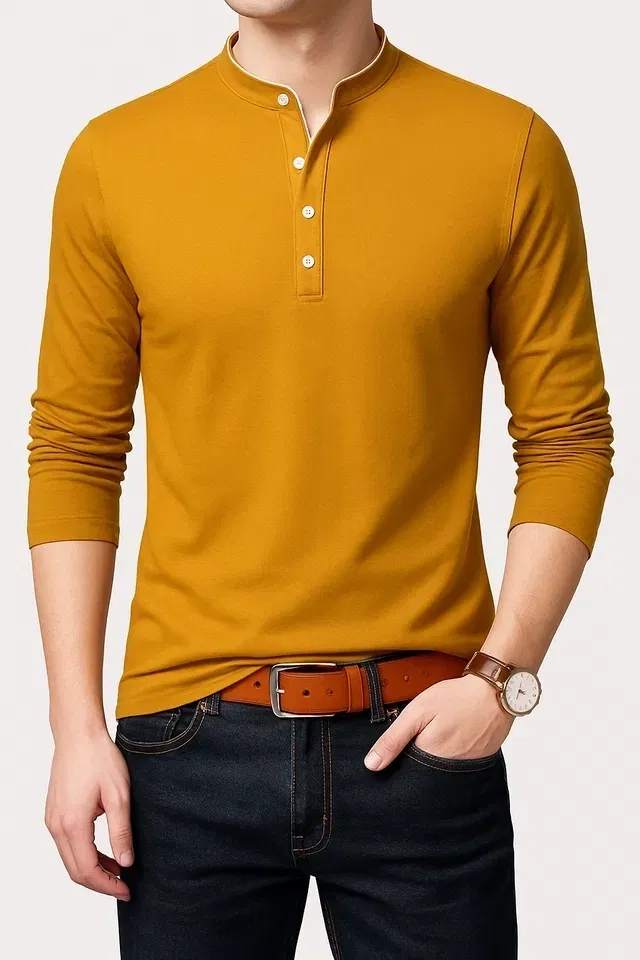 Mandarin Collar Solid T-Shirt for Men (Yellow, M)