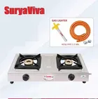 SuryaViva NEO 2B SS [Hose Pipe + Lighter] 2 Cast Iron [Silver] Stainless Steel Manual Gas Stove [2 Burners]