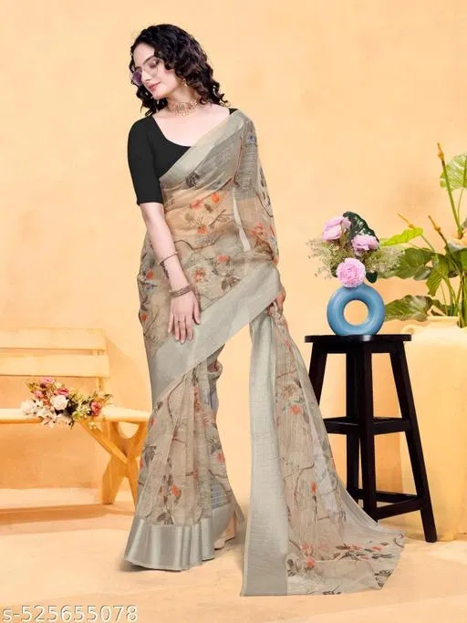 Linen Zari Checks Bandhani Printed Organza Saree for Women (Brown)