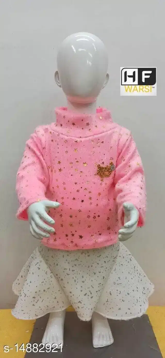 Art Silk Full Sleeves Top & Bottom Clothing Set for Girls (Pink & White, 12-18 Months)