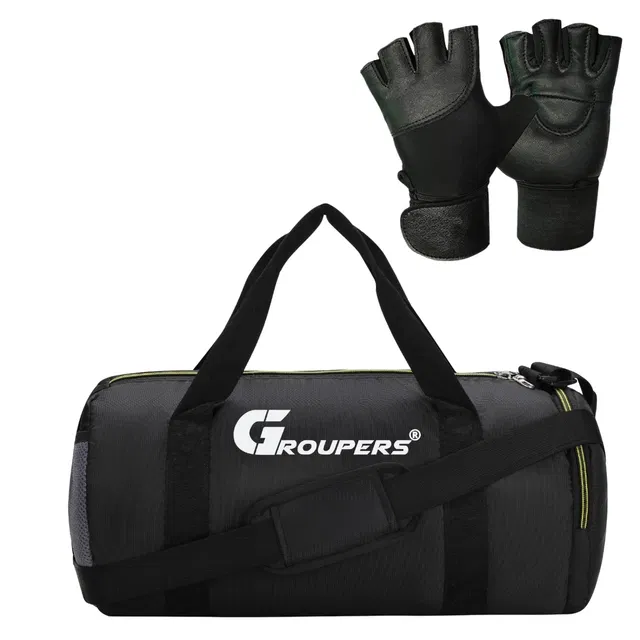 Polyester Duffle Gym Bag with Hand Gloves for Men & Women (Black, Set of 2)