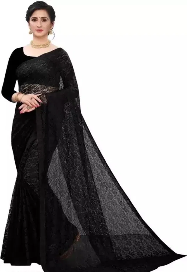 Net Floral Saree for Women (Black, 6.3 m)