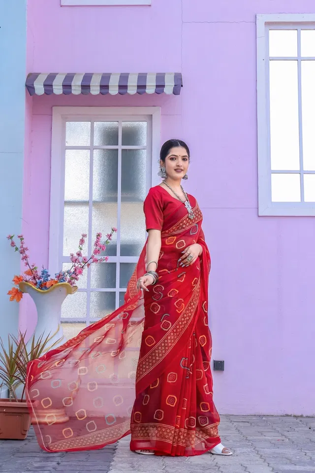 Georgette Printed Saree for Women (Red, 6.3 m)