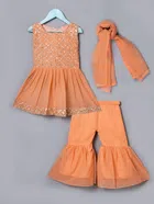Georgette Embroidered Kurti with Sharara & Dupatta for Girls (Peach, 2-3 Years)