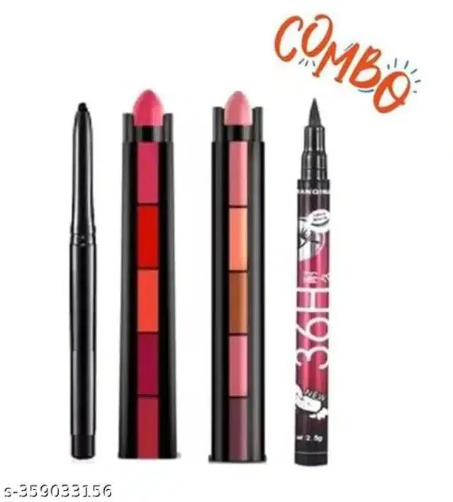 Combo of Kajal with 2 Pcs Mini 5-in-1 Lipsticks & Eyeliner (Multicolor, Set of 3)