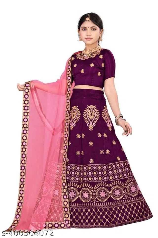 Satin Embroidered Lehenga with Choli & Dupatta for Girls (Puple & Pink, 11-12 Years)