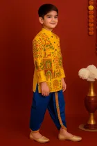 Dupion Silk Printed Kurta with Dhoti for Boys, Yellow & Blue 