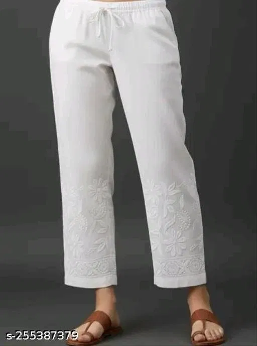 Cotton Solid Pant for Women, White (48)