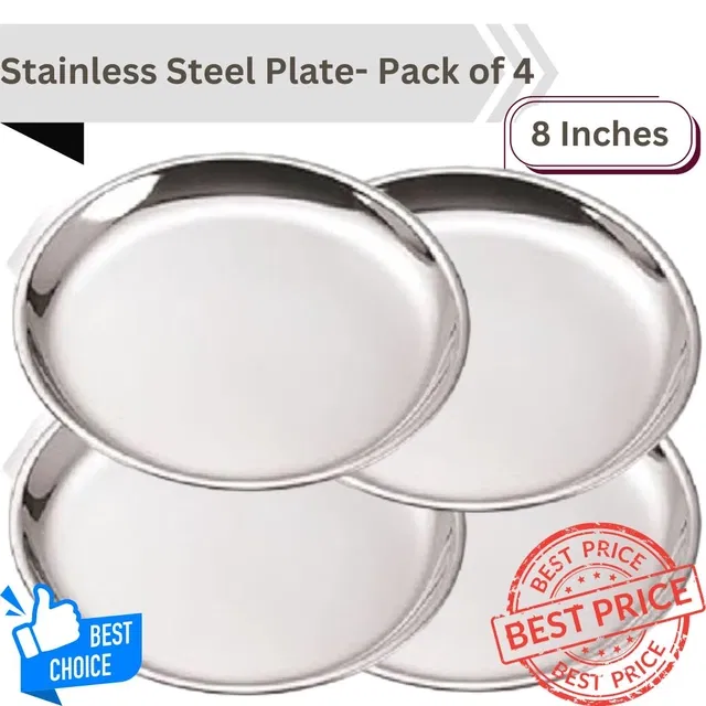 Stainless Steel Round Thali (8 Inch, 4 Pcs)