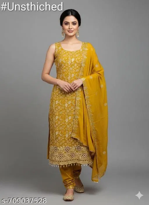 Embroidered Floral Georgette Punjabi/All Over Suits Semi-Stitched Suits (Multicolor, 6.05 meter for Women (M)