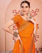 Georgette Embellished Saree For Women, Orange
