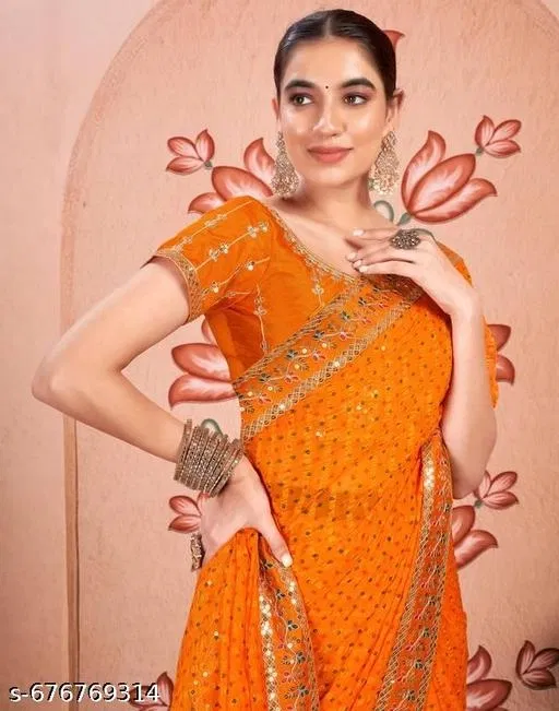 Georgette Embellished Saree For Women, Orange