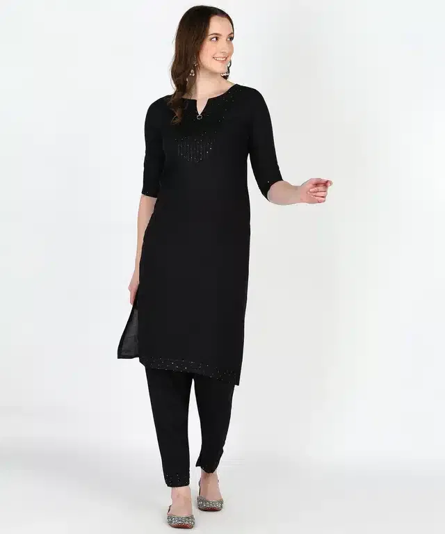 Viscose Rayon Embroidered A-Line Kurti with Pant (Black, XL)
