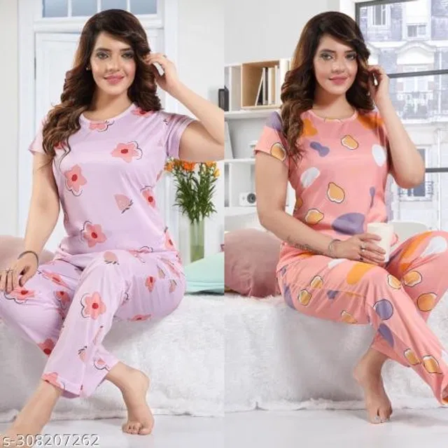Satin Nightsuit for Women (Purple & Peach, XXL) (Pack of 2)