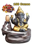 Ganeshji Idol Smoke Fountain with 100 Pcs Backflow Incense Cones (Brown & Gold, Set of 2)