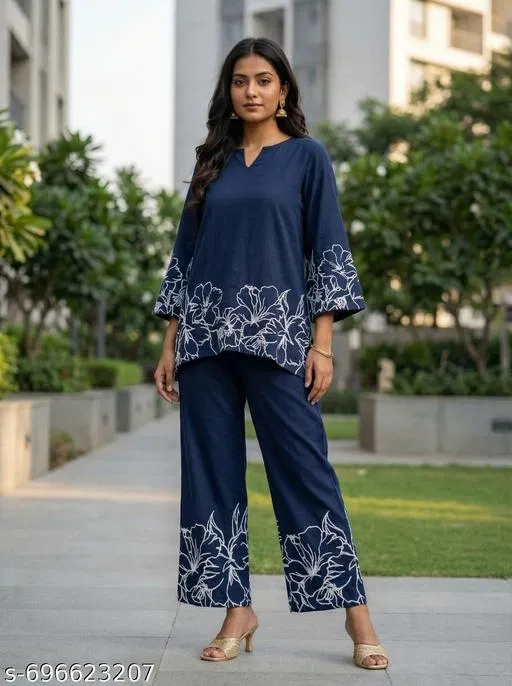 Printed Rayon A-line Kurta Set for Women (Blue, XL)