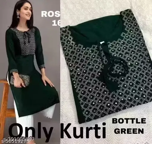 Rayon Embroidered Kurti for women (Green) (XL)