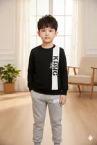 Cotton Blend Printed Clothing Set for Kids, Black & Grey 
