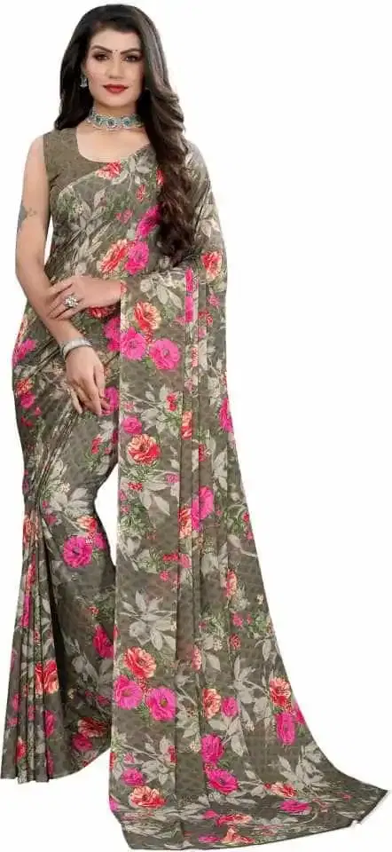 कनूड़ा फैंसी विमेंस जॉर्जेट फ्लावर प्रिंटेड साड़ी (मेहँदी) (K-02)