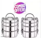 Stainless Steel 3 Compartment Lunch Box (Silver, Pack of 2)