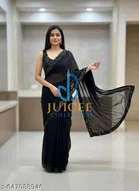 Georgette Solid Saree for Women, Black 