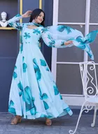 Crepe Printed Gown with Dupatta for Women (Aqua Blue, S)