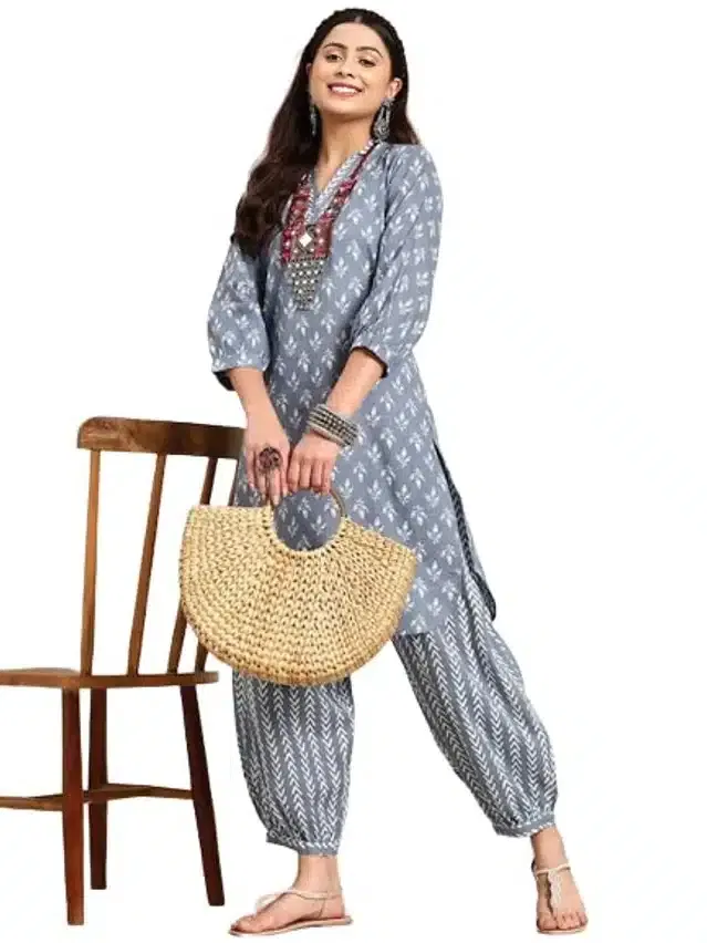 Cotton Blend Printed Kurti with Afghani Pant Set for Women (Grey, S)