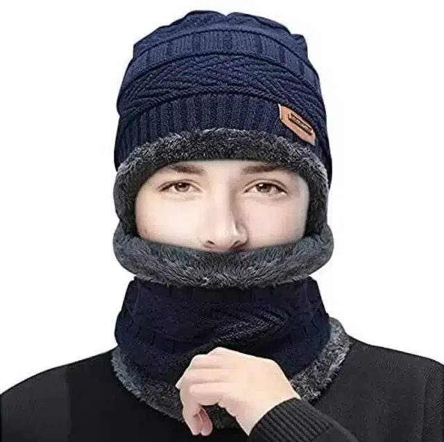 Winter Cap with Neck Warmer for Men (Blue, Set of 1)