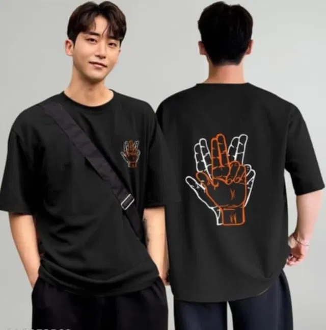 Round Neck Printed T-Shirt for Men (Black, L)