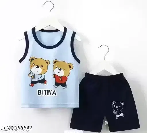 Printed Poly Blend Clothing Set for Boys (Sky Blue & Black, 4-5 Years)