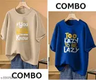 Cotton Blend Printed T-Shirt for Women, Beige & Blue, Pack of 2 