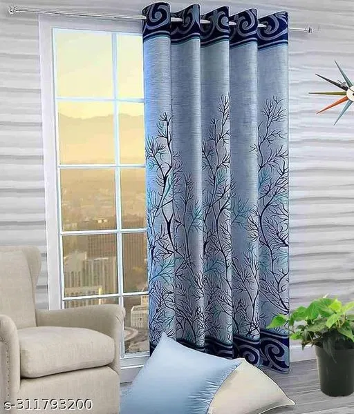KANUSHI Industries® 1 Pieces Washable Polyster Panel Design Eyelet Door Curtain (Panel Blue)(RK-CUR-PANEL-BLUE-STICK-7FEET-1PC)