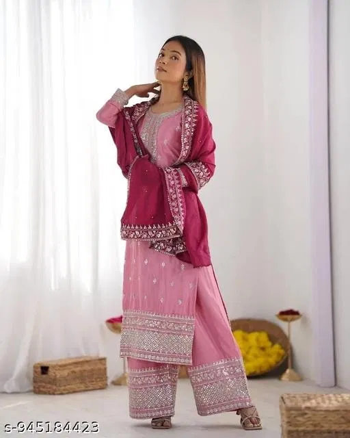 Palazzo Suit With Embroidery and Dupatta for Women (Pink, M)