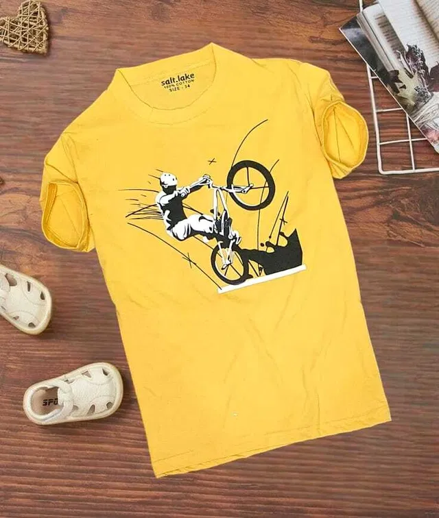 Cotton Printed Round Neck T-Shirt for Kids (Yellow, 8-9 Years)