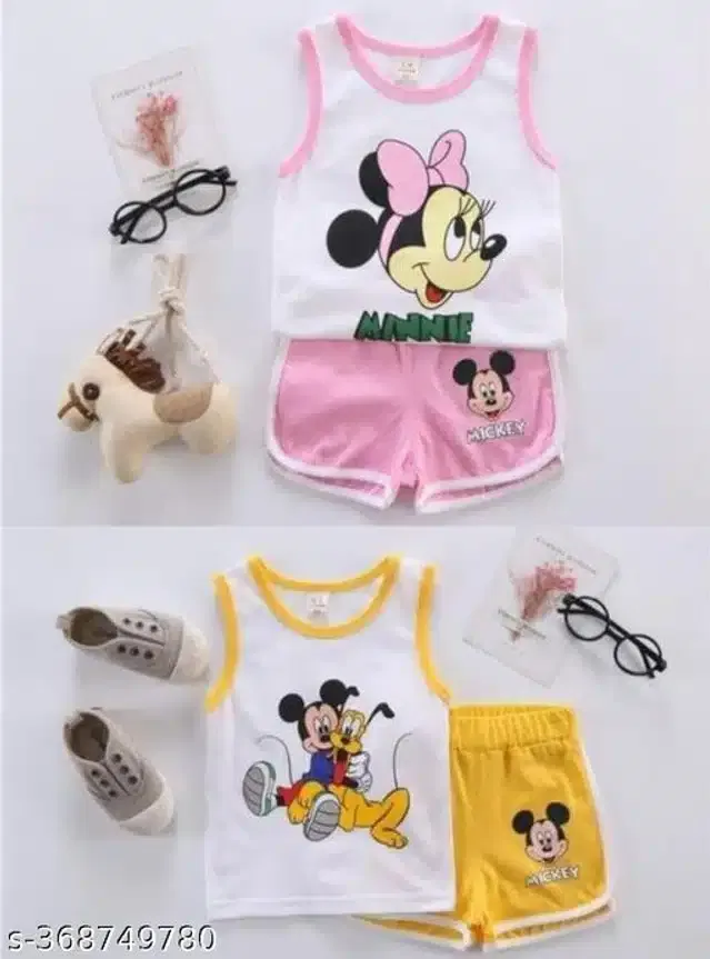 Hosiery Cotton Sleeveless T-Shirt with Pant Clothing Set for Kids (Multicolor, 1-2 Years) (Set of 2)