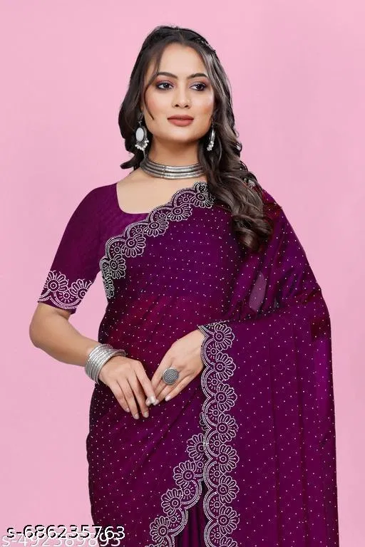 Georgette Embroidered Saree For Women, Purple