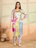 Cotton Blend Printed Kurti With Pant & Dupatta for Women, Multicolor 
