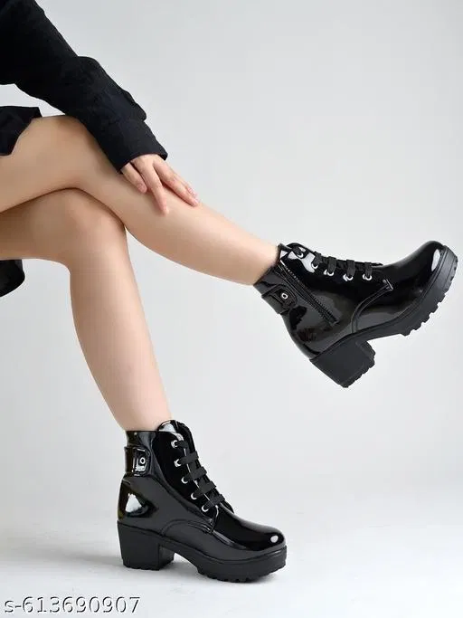 Shoetopia Solid Patent Leather Heeled Boots Black (IND-3)