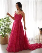 Jacquard Printed Gown with Dupatta for Women (Pink, S)