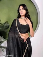 Chinnon Applique Saree for Women, Black 