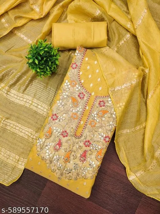 Embroidered Floral Patiala Suits for Women (Yellow, 6.65 meter (XXL)