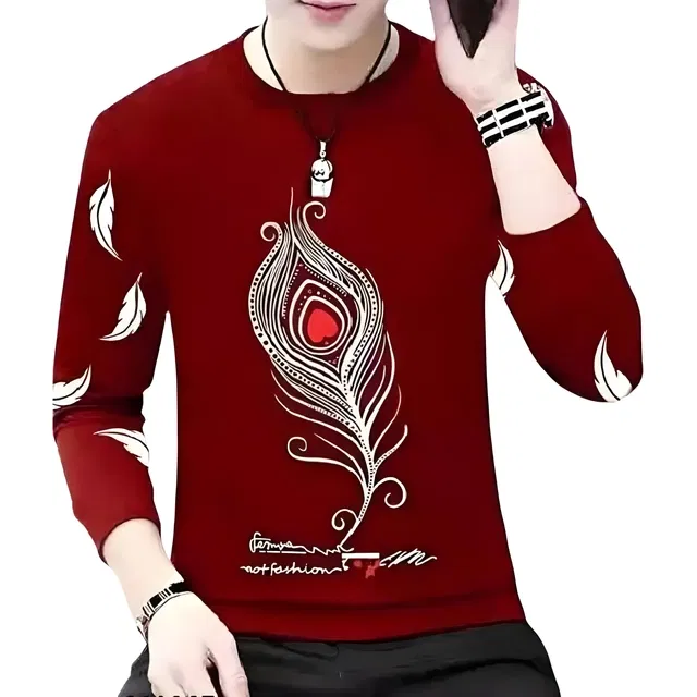 Round Neck Printed T-Shirt for Men (Maroon, L)