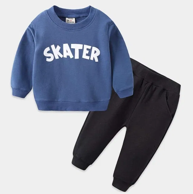 Hosiery Printed Clothing Set for Kids (Blue & Black, 12-18 Months)