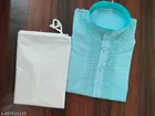 Cotton Solid Kurta Set for Men, White & Sky Blue 